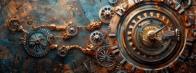 clock background, generative, ai, machine, mechanical, blue, gold, gear, clock, watch, mechanism,...