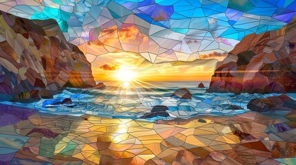 stained glass window sunset with landscape