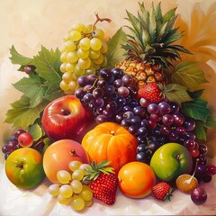 Naklejka na ściany i meble Assorted fresh fruits and vegetables on a white background
