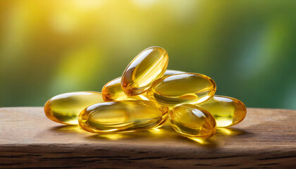 Capsules of fish fat oil Omega 3. Vitamin E on wooden table. Healthy food diet. Nutritional supplement.