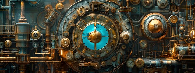 clock background, generative, ai, machine, mechanical, blue, gold, gear, clock, watch, mechanism,...