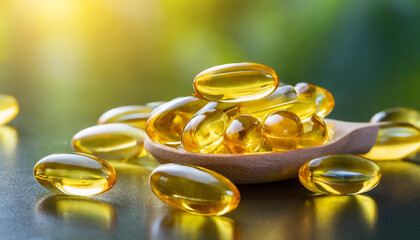 Capsules of fish fat oil Omega 3. Vitamin E in wooden spoon. Healthy food diet. Nutritional supplement.