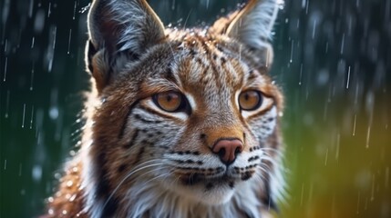 Naklejka premium a view close up lynx with raindrop background