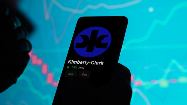 March 02nd 2024 Irving, Texas. The logo of Kimberly-Clark on the screen of an exchange. Kimberly-Clark price stocks, $KMB on a device.