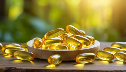 Capsules of fish fat oil Omega 3. Vitamin E in wooden plate. Healthy food diet. Nutritional