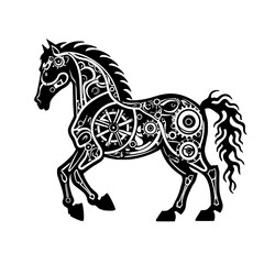 Mechanisches Pferd mit komplexen Zahnrädern schwarz-weiß vektor