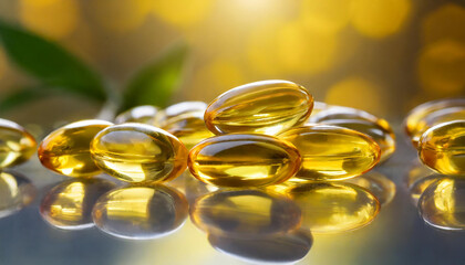 Capsules of fish fat oil Omega 3. Vitamin E on table. Healthy food diet. Nutritional supplement.
