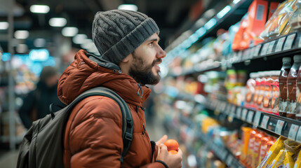 Close up rearview photography of a man in a supermarket or grocery store looking at the shelf full of products, comparing prices and choosing what to buy, male customer behavior in a grocery shopping - obrazy, fototapety, plakaty