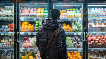 Close up rearview photography of a man in a supermarket or grocery store looking at the shelf full of products, comparing prices and choosing what to buy, male customer behavior in a grocery shopping