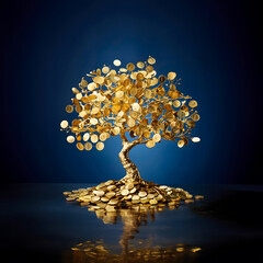 Conceptual photo of a tree made of gold coins and dollars isolated on the blue background. Creative investment concept wallpaper