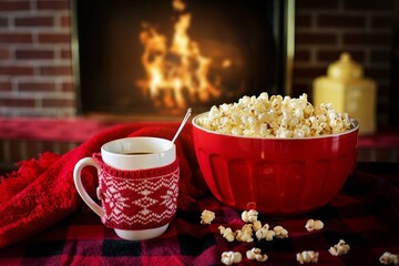 A coffee cup sits beside a bowl of buttery popcorn, creating a cozy scene of relaxation and...