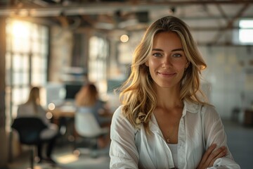 Team-friendly office setting. Snap of a beaming woman, wearing a shirt, standing arms crossed against the backdrop of her engaging co-workers in a snug, airy office space. Generated AI