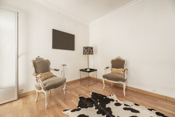 Corner of a living room with cowhide floor, corner lamp and Louis XV style chairs