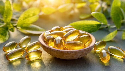 Capsules of fish fat oil Omega 3. Vitamin E in plate. Healthy food diet. Nutritional supplement.