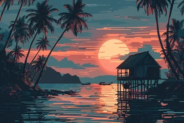 Foto op Canvas a sunset over a body of water with a hut and palm trees © Andrei