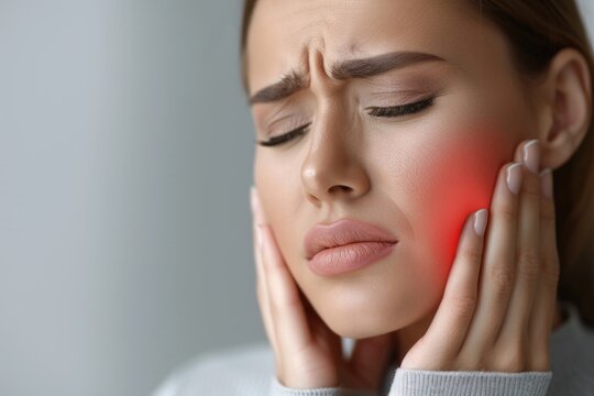 A woman holds her cheek while suffering from a toothache, depicting the discomfort and pain experienced during dental issues, emphasizing the need for oral health care and treatment