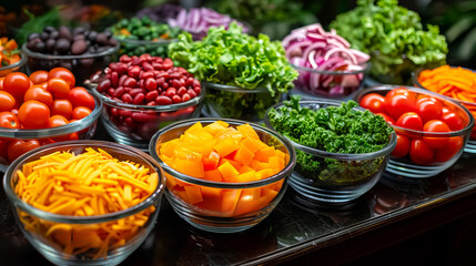 Various types of vegetables in glass bowls, tomatoes, carrots, lettuce, olives, and hard cheese displayed on a wooden table, colorful food background