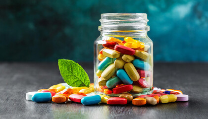 Glass jar with different colorful capsules and pills. Pharmaceutical industry. Drug package. Medical care and treatment.