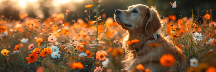 A cute retriever labrador dog enjoying a meadow full of blooming wildflowers at dusk, illuminated...