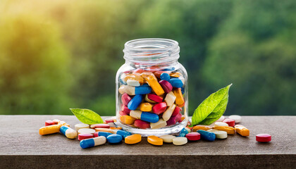 Glass jar with different colorful capsules and pills. Pharmaceutical industry. Drug package. Medical care and treatment.