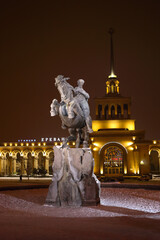  Equestrian monument to David Sasunsky, Railway station Yerevan at night