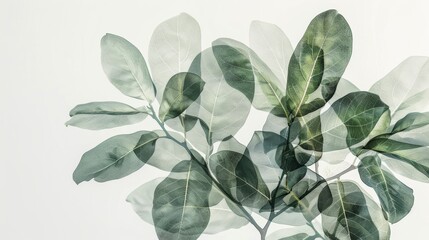 Green leaves on a white background with close-up focus, representing nature's beauty