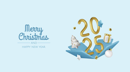 2025 Happy New Year. Realistic gift box Golden metal number. 3d render gold metallic sign and text letter. Christmas Poster, banner, cover card, brochure, flyer, layout design.