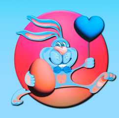 Clipart. Vector drawing. A colorful, festive illustration for Easter with a bunny holding an egg and a heart-shaped balloon.
