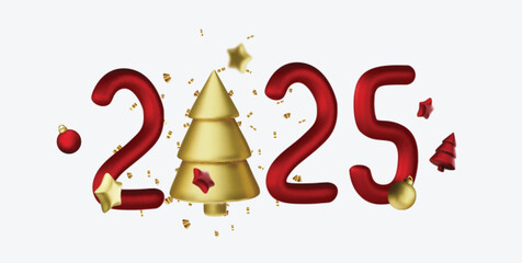 2025 Happy New Year. Realistic gift box Golden metal number. 3d render gold metallic sign and text letter. Christmas Poster, banner, cover card, brochure, flyer, layout design.