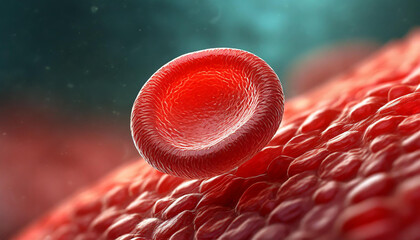 Detailed close-up view of vibrant red blood cells under microscope. Medical research.