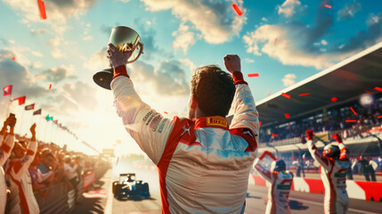 Formula 1 winner racer raising a gold trophy on track. Racer and team cheering on track. Back view. Champion, leader, victory. Winner of the race