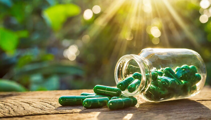 Green capsules spilling out from clear glass bottle on wooden table. Medical care and treatment.