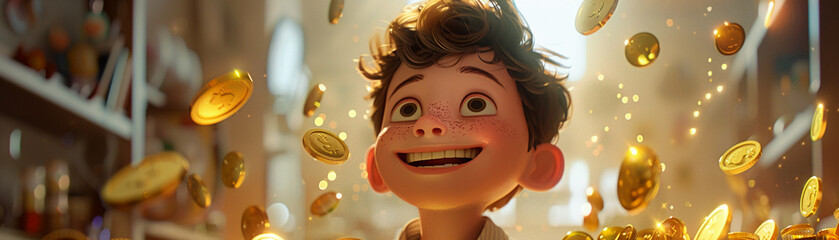 A charming 3D animation of a boy happily surrounded by floating coins - obrazy, fototapety, plakaty
