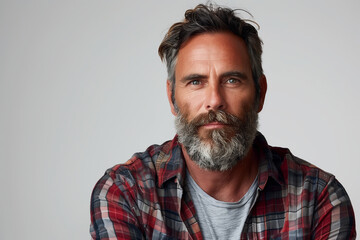 Obraz premium Handsome Mature Man in Plaid Shirt, Contemporary Masculine Appeal