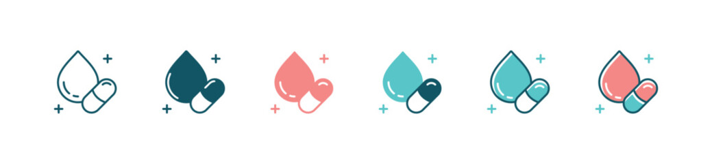 diabetes glucose medicine blood sugar pill capsule icon set dripped blood with pill tablet signs vector illustration for web and app