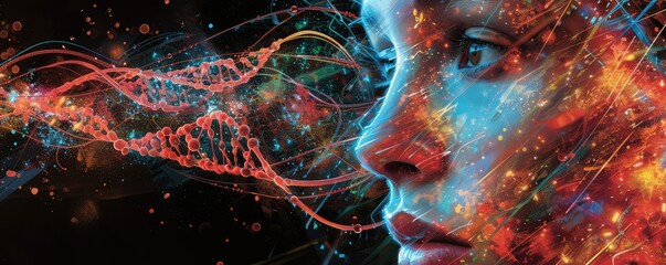 Abstract neural network concept with woman face and bright lines