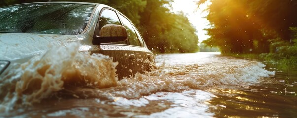 Car submerged in flood representing climate change.