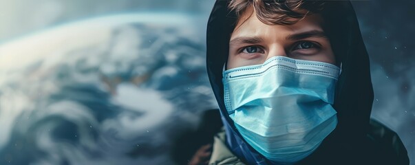 Man with mask looking at Earth globe