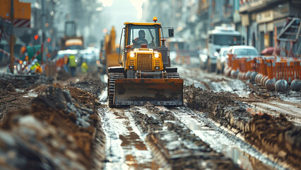 Vibrant Road Construction Scene: Workers and Machinery in Action - obrazy, fototapety, plakaty