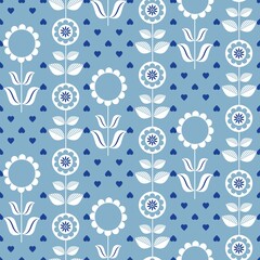 Blue white seamless background with flowers..Abstract, repeating regular pattern for print..Graphic design with regular shapes.