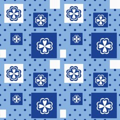 Blue white seamless background with flowers..Abstract, repeating regular pattern for print..Graphic design with regular shapes.