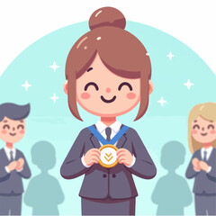 Flat design illustration of business woman with gold medal and applause