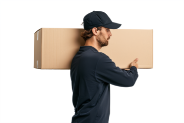professionalism and reliability of a modern courier carrying a simple box on a white background.