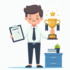 Flat design illustration of a business man completing tasks and getting an award trophy