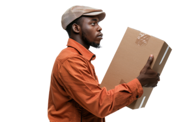 delivery with a courier carrying a box without a label on a clean white background.