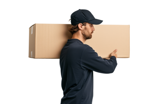 professionalism and reliability of a modern courier carrying a simple box on a white background.