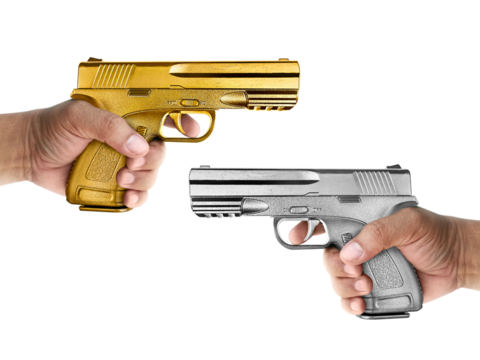 A man with gun silver metal and A man gun gold metal, transparent background