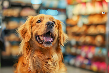 Pet shop visit, dog exploring products, interior of pet store, canine customer.