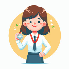 Flat design illustration of cute lady gets silver medal award