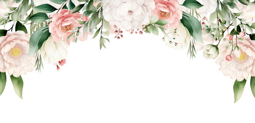 Watercolor floral border. Light pink flowers. Elegant Wedding invitation, frame, bouquet. Perfect for stationary, greeting card, fashion. Isolated cutout on transparent background.